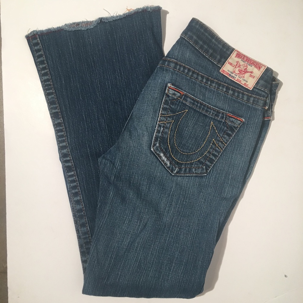 Y2K True Religion Bobby Frayed Hem Blue Jeans size 29 flare